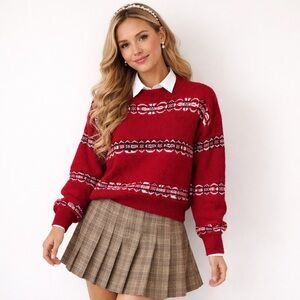 vintage American Pride Fair Isle stripe sweater red mock neck USA Preppy